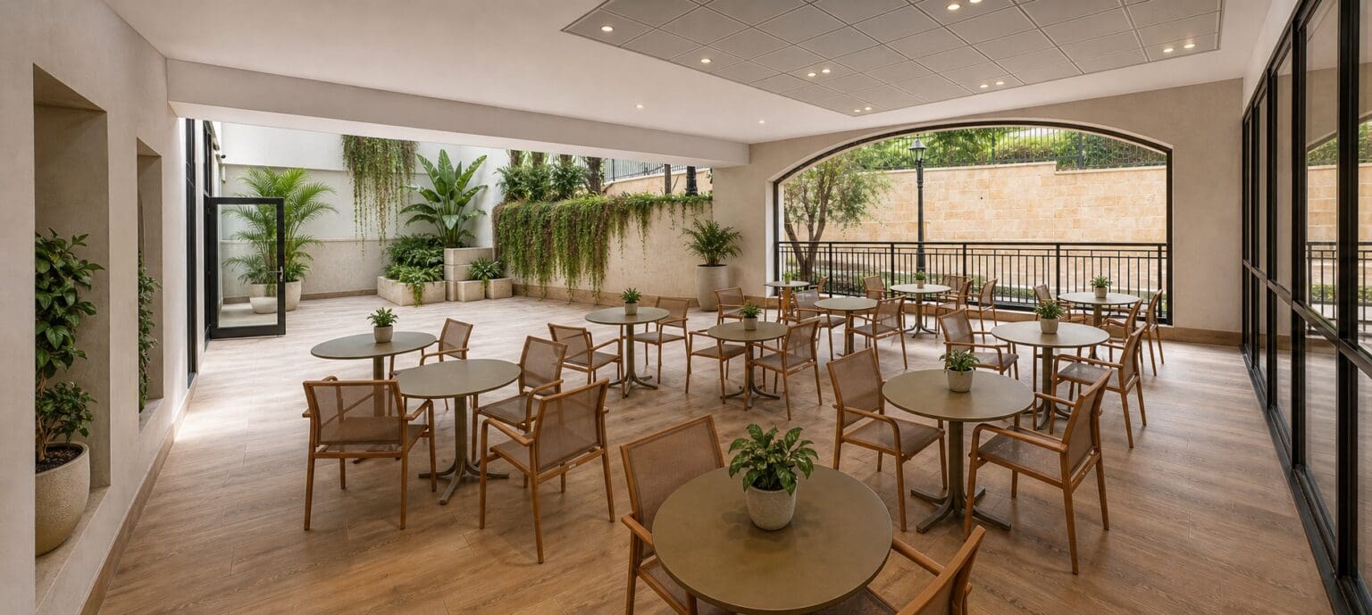 המרחב המרכזי בסניף מוצא עם קיר צמחייה וחלון קשת אל נוף הרי ירושלים
